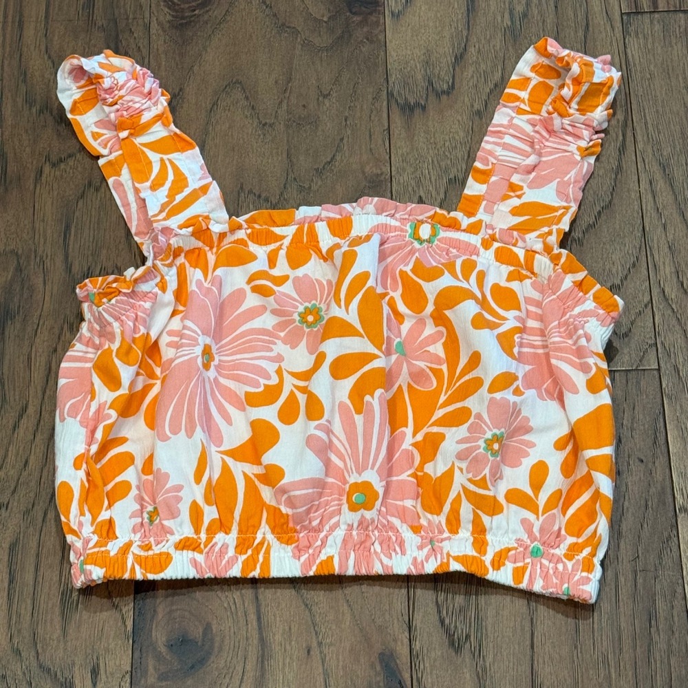 Aerie Womens Orange Pink Floral Ruffle Strap Elastic Hem Crop Top Size M